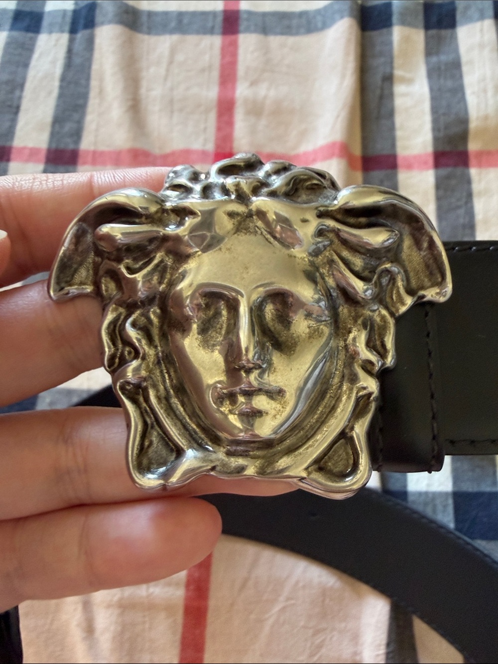 Versace Silver Medusa Buckle Black Leather Belt